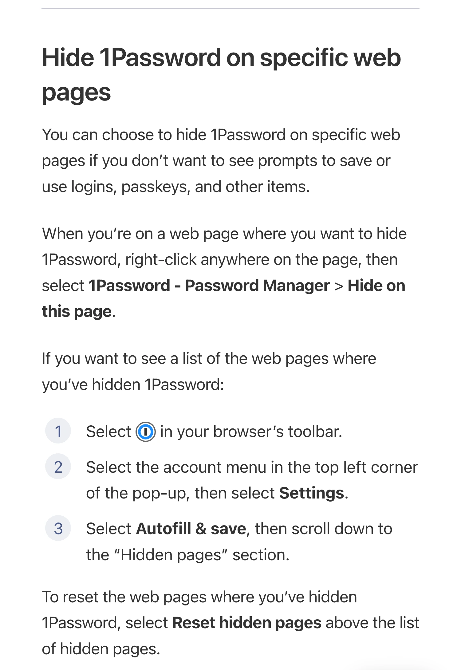 1Password Support showing Hide on this page, the branded extension icon, and the Hidden pages settings path