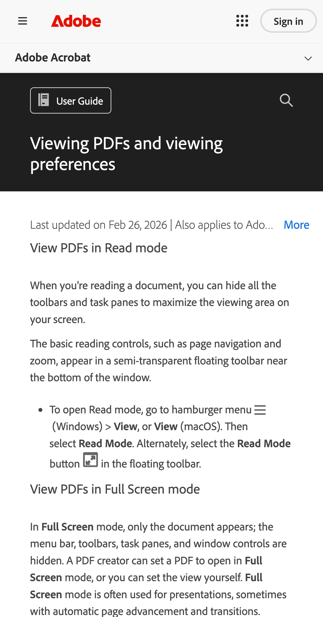 Adobe Acrobat documentation comparing Read Mode with Full Screen Mode and showing the Mac View menu path