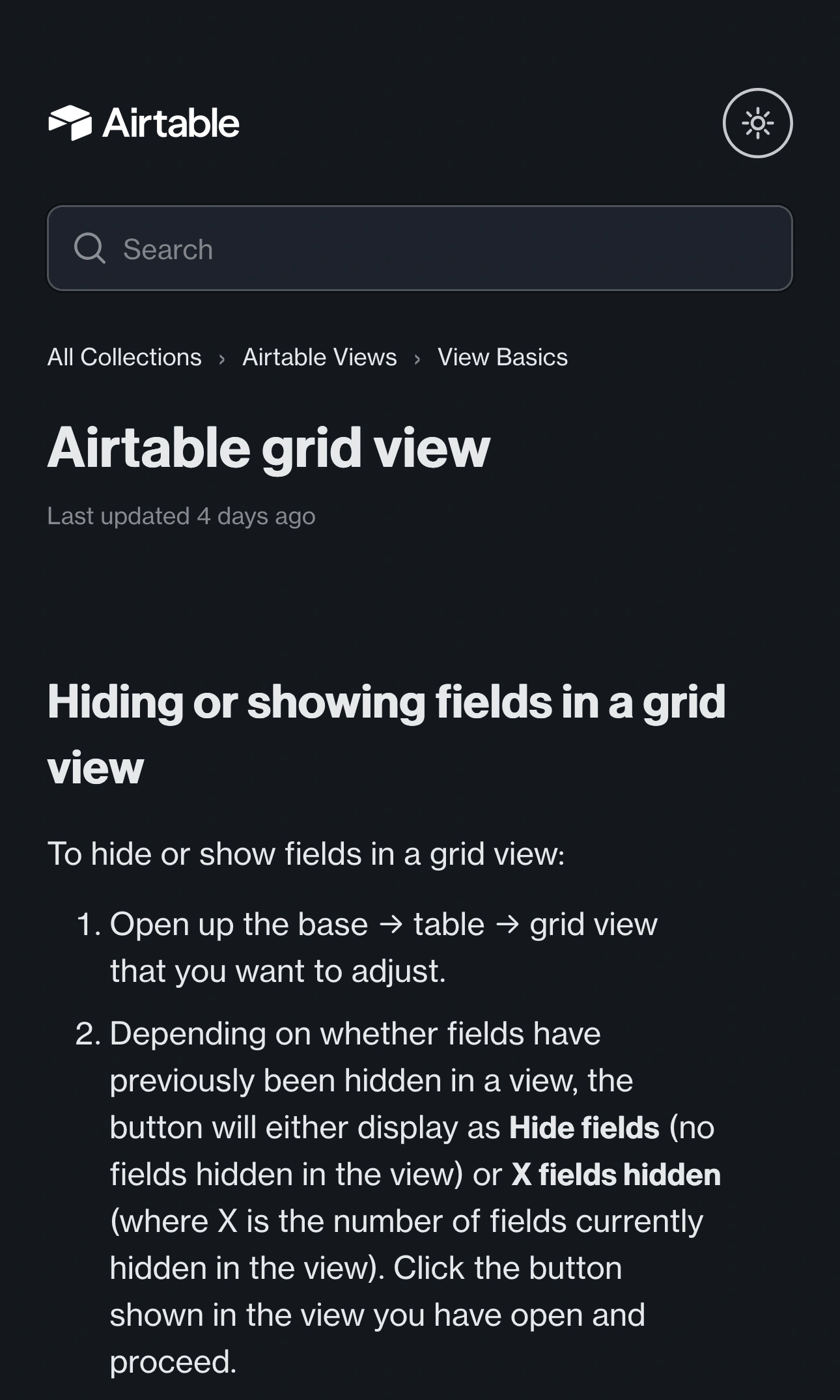 Airtable Help Center showing the grid view article and its Hide fields instructions