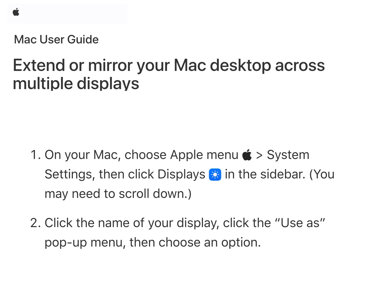 Apple Mac User Guide showing the multiple-display article and the steps for selecting a display and its Use as option