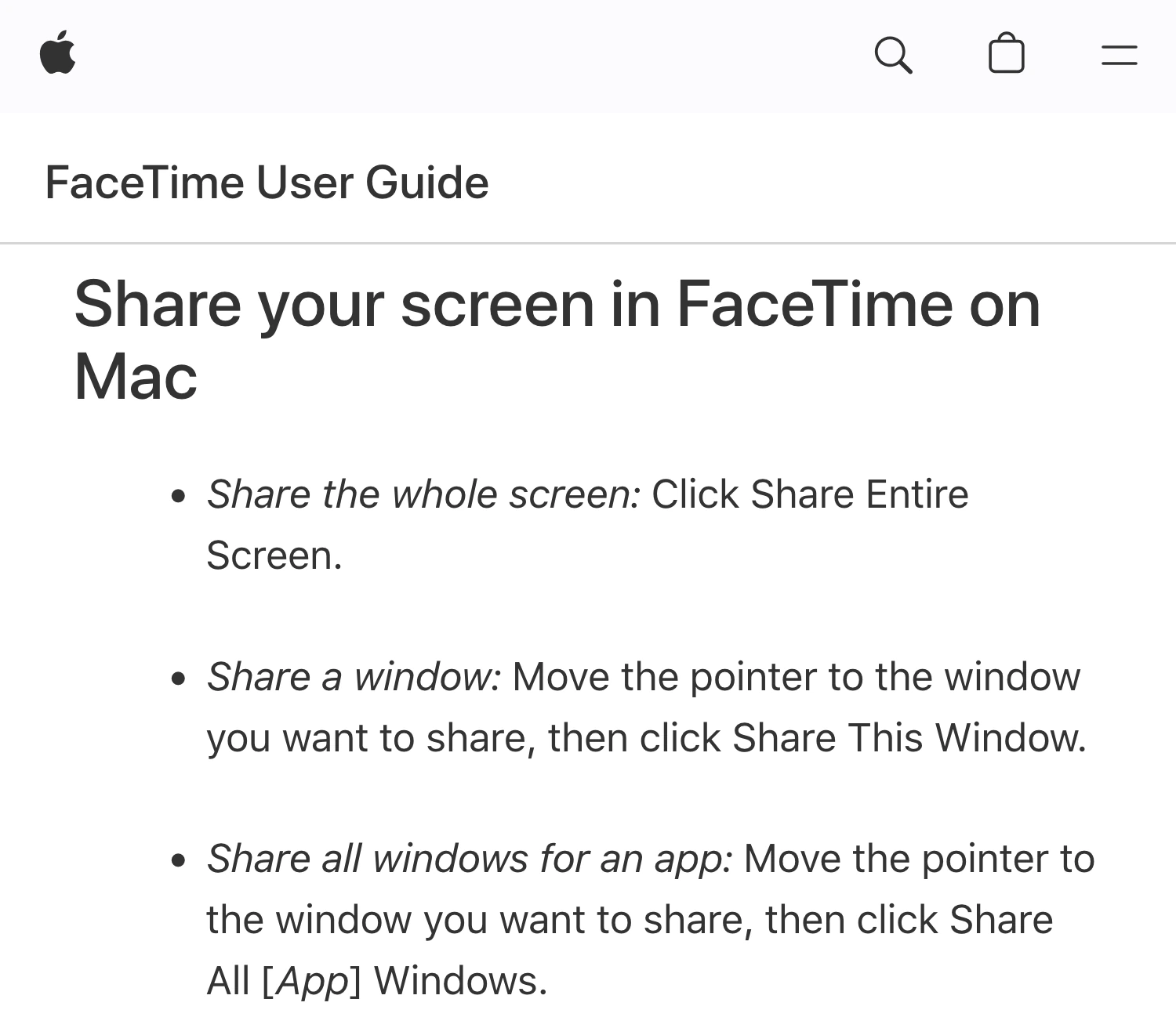 Apple FaceTime User Guide describing screen and window sharing choices on Mac