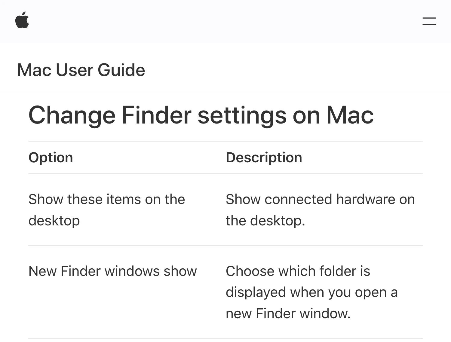 Apple Mac User Guide documenting the folder shown in new Finder windows