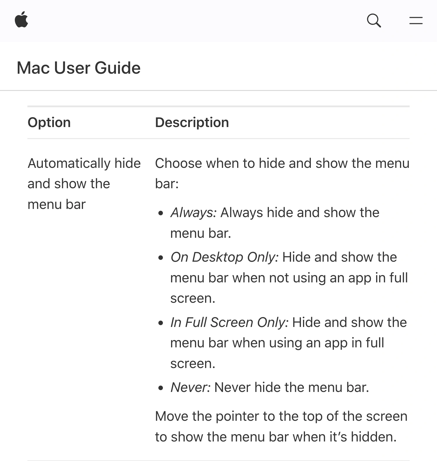 Official Apple Mac User Guide showing the menu bar auto-hide options and explaining that moving the pointer to the top reveals it