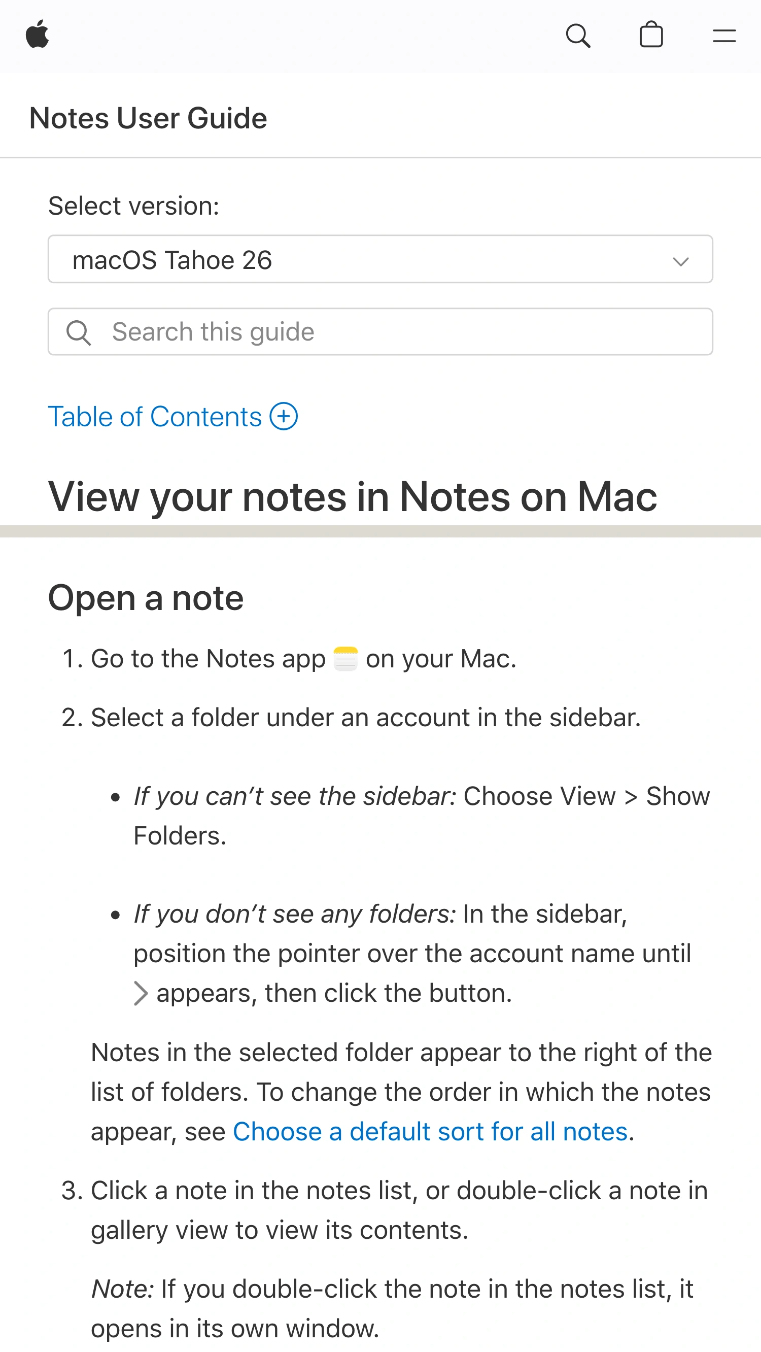 Apple Notes User Guide with the Open a note instructions explaining that double-clicking a note in the list opens its own window