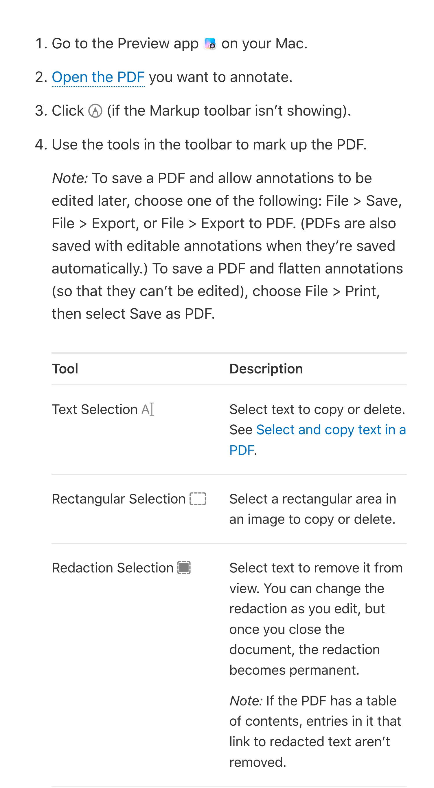 Apple Preview instructions with the Preview icon, Redaction Selection tool, and warning about remaining table-of-contents entries