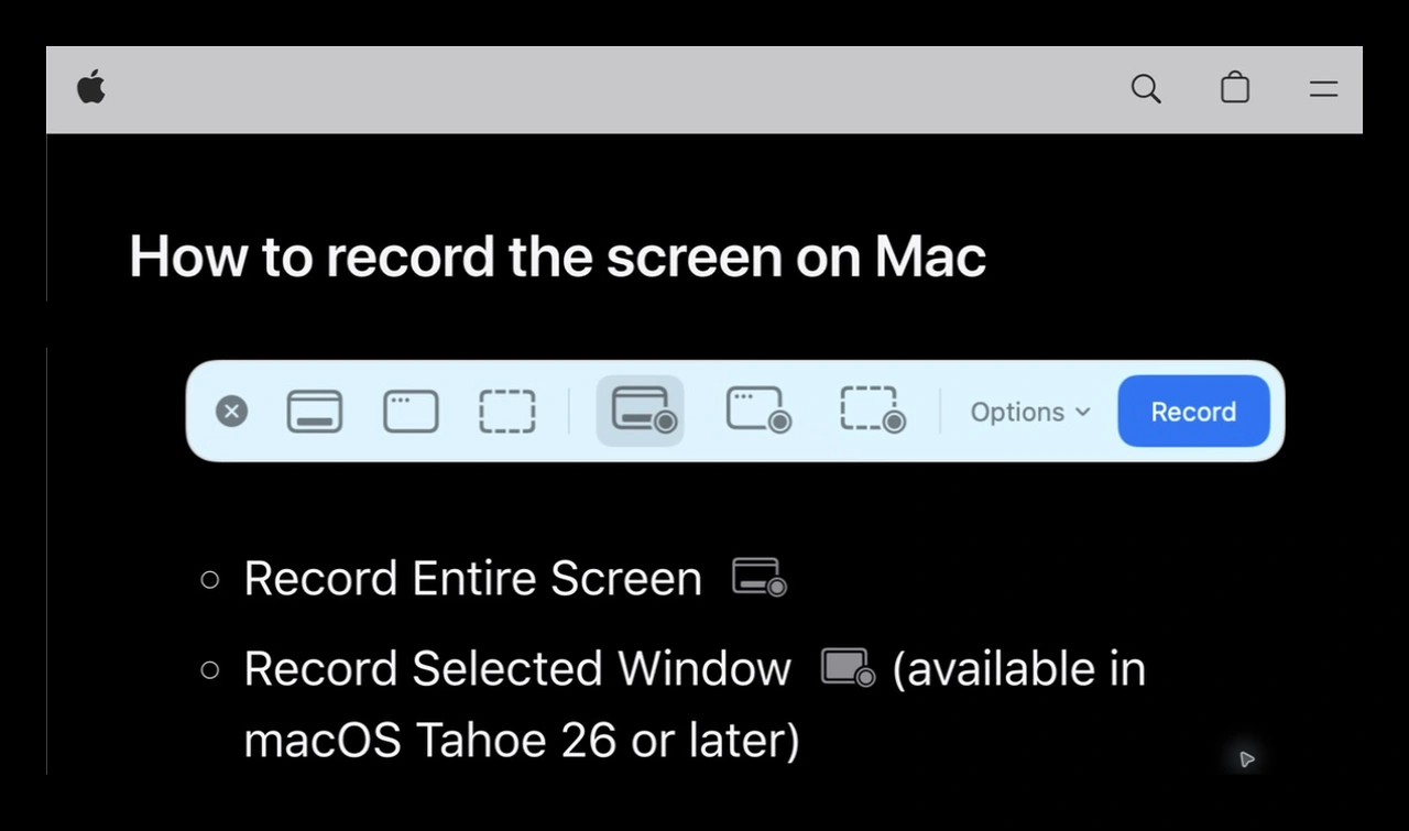 Apple Support identifies Record Selected Window as available in macOS Tahoe 26 or later