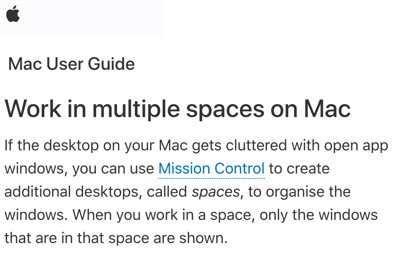 Official Apple Support documentation describing Spaces as additional desktops for organizing application windows