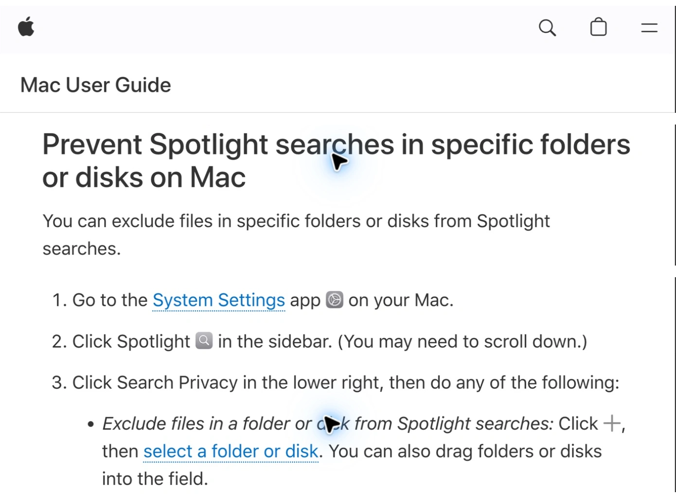 Apple Support’s Mac User Guide explaining how Search Privacy excludes folders and disks from Spotlight searches