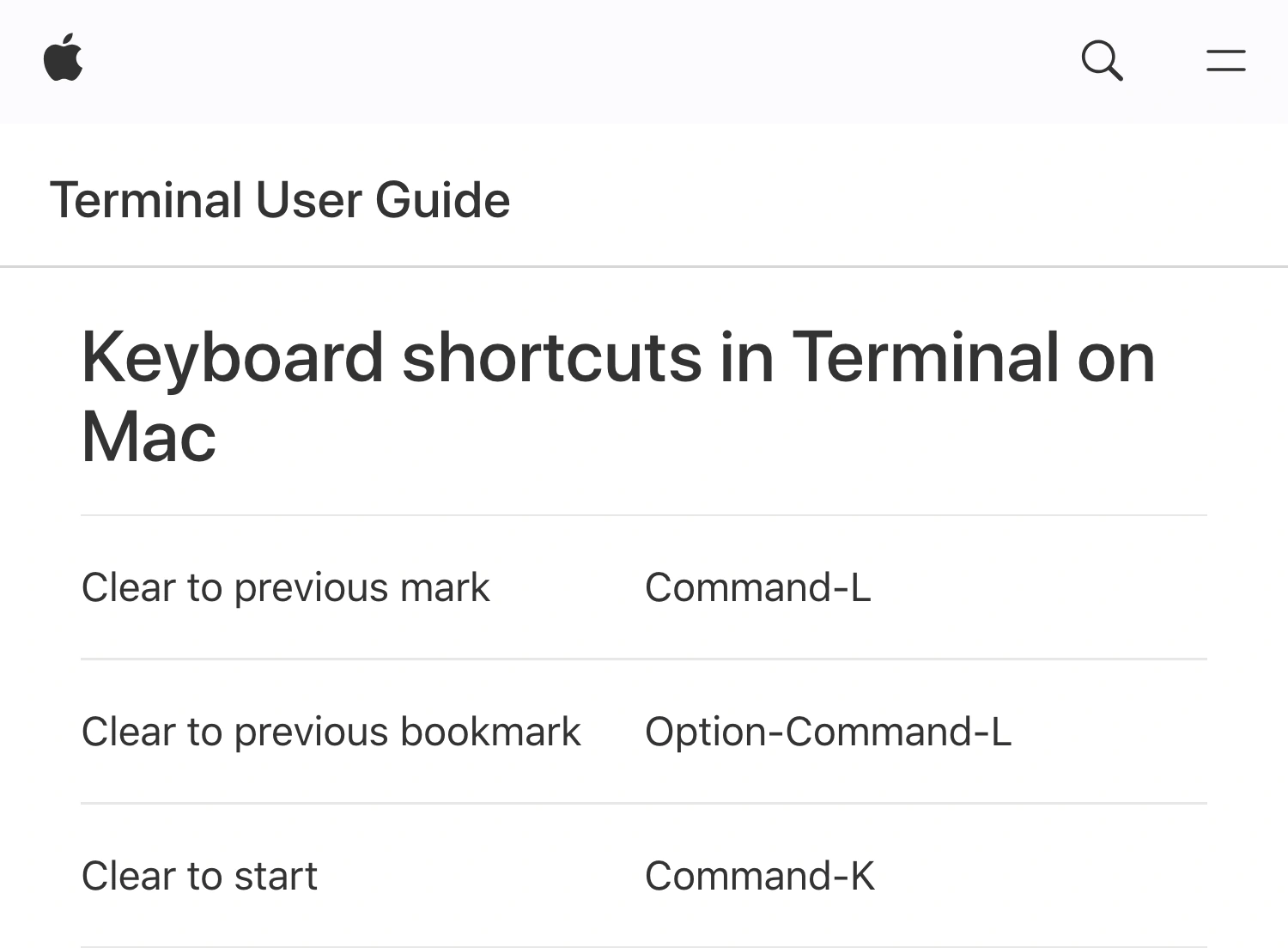 Apple Terminal User Guide listing Clear to start as Command-K