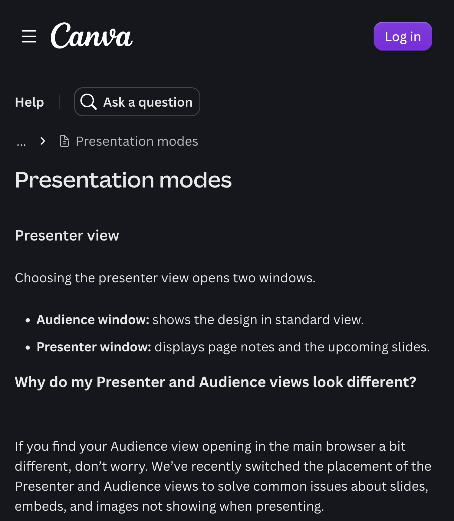 Canva Help explaining the Audience and Presenter windows and the change placing Audience view in the main browser