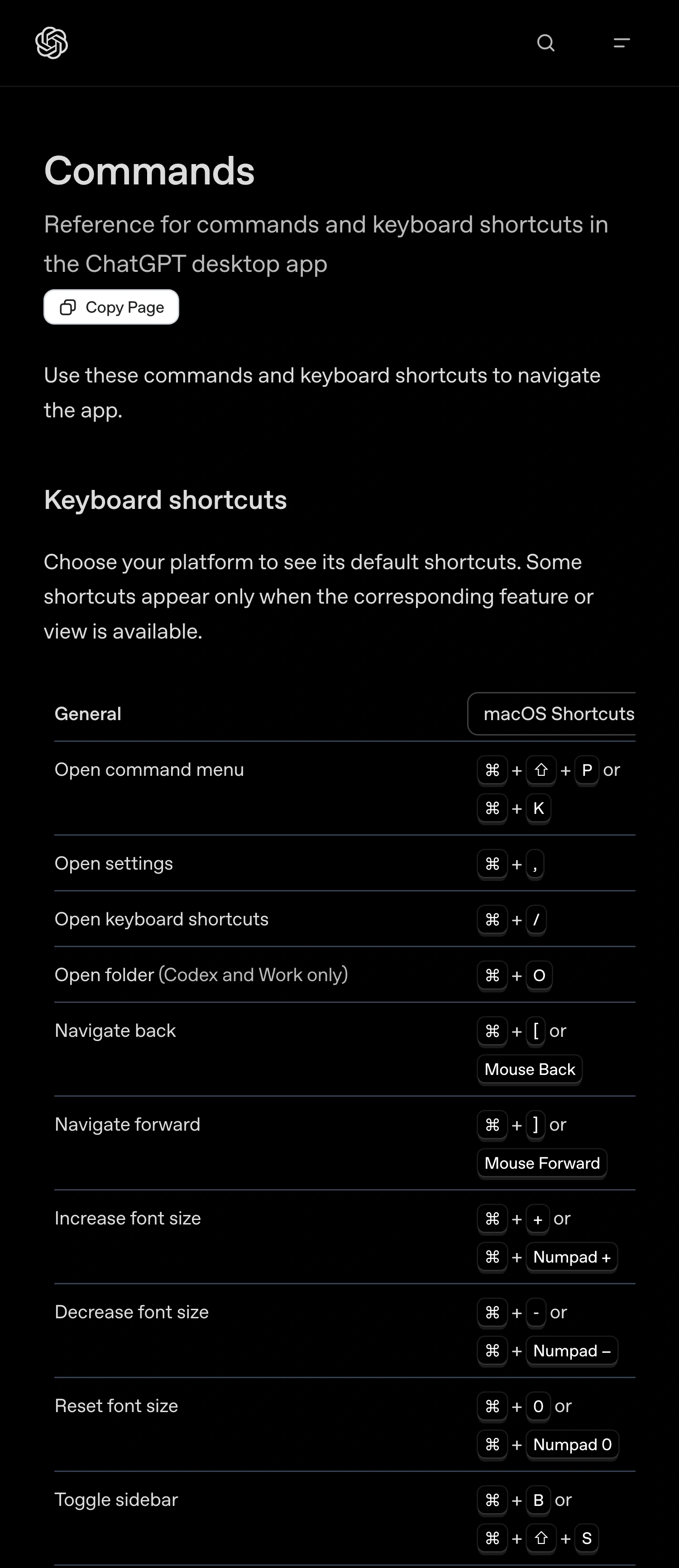OpenAI’s ChatGPT command reference with macOS selected and the Toggle sidebar shortcuts visible