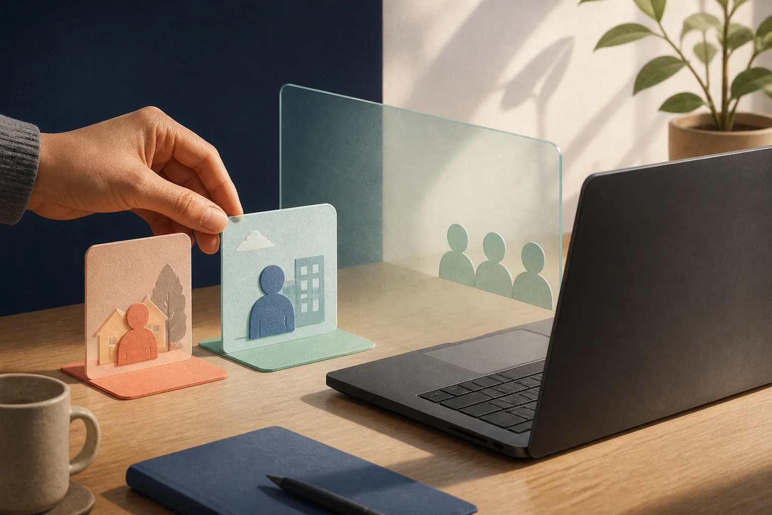 A person placing a work profile inside a mint audience frame while a personal profile remains on the private side