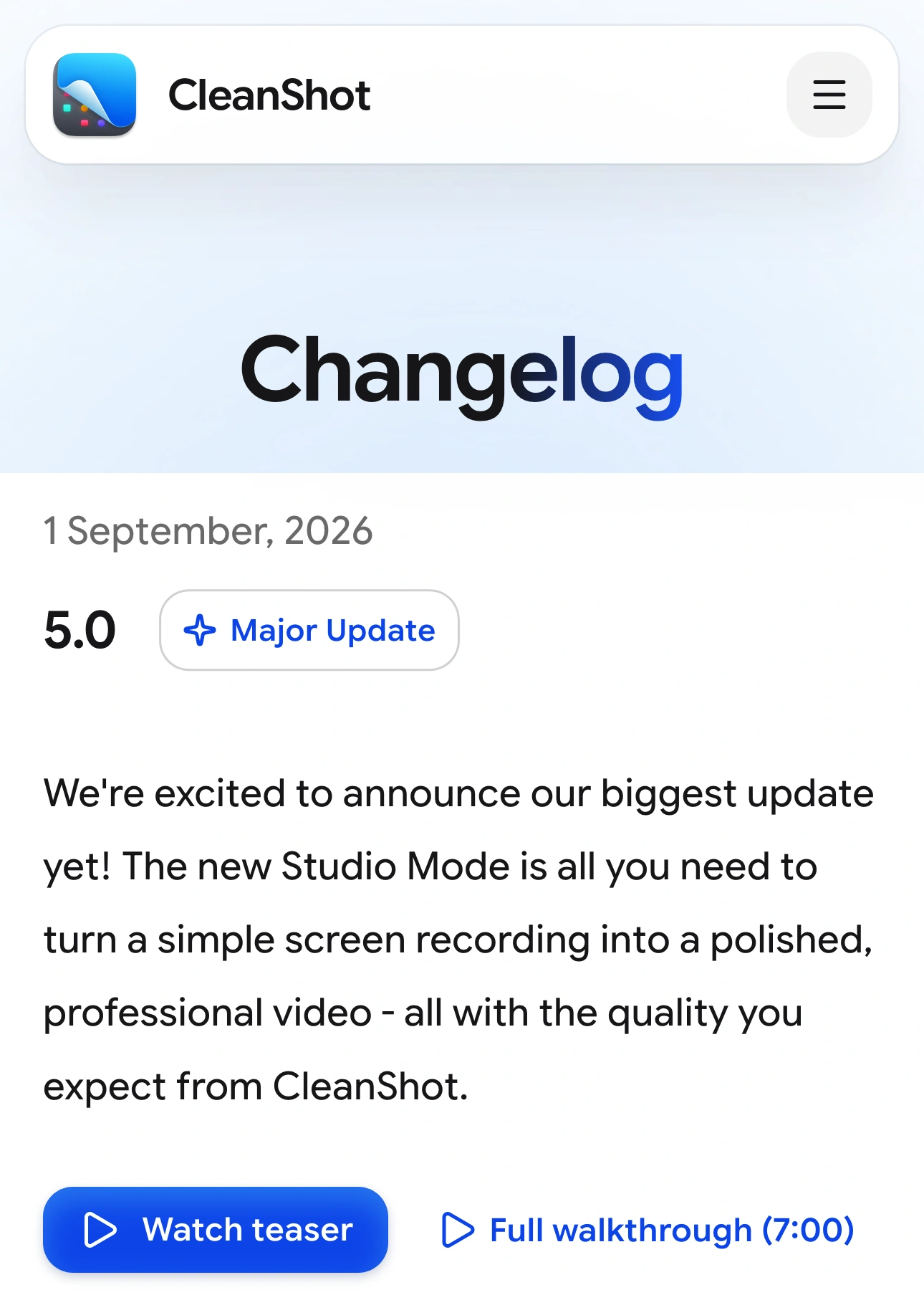 CleanShot's branded changelog announcing Studio Mode in version 5.0