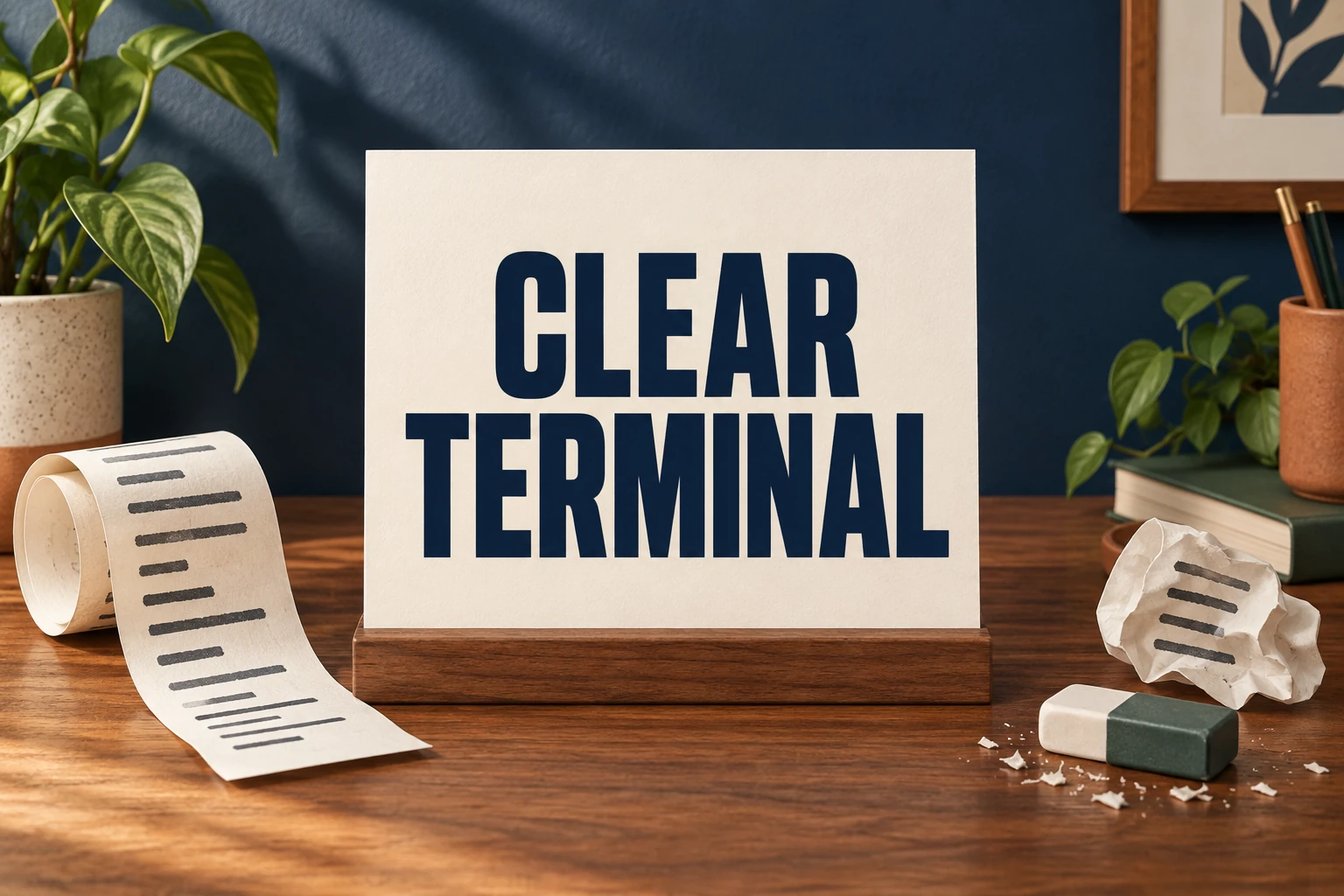 CLEAR TERMINAL on a cream card beside a paper roll and an eraser