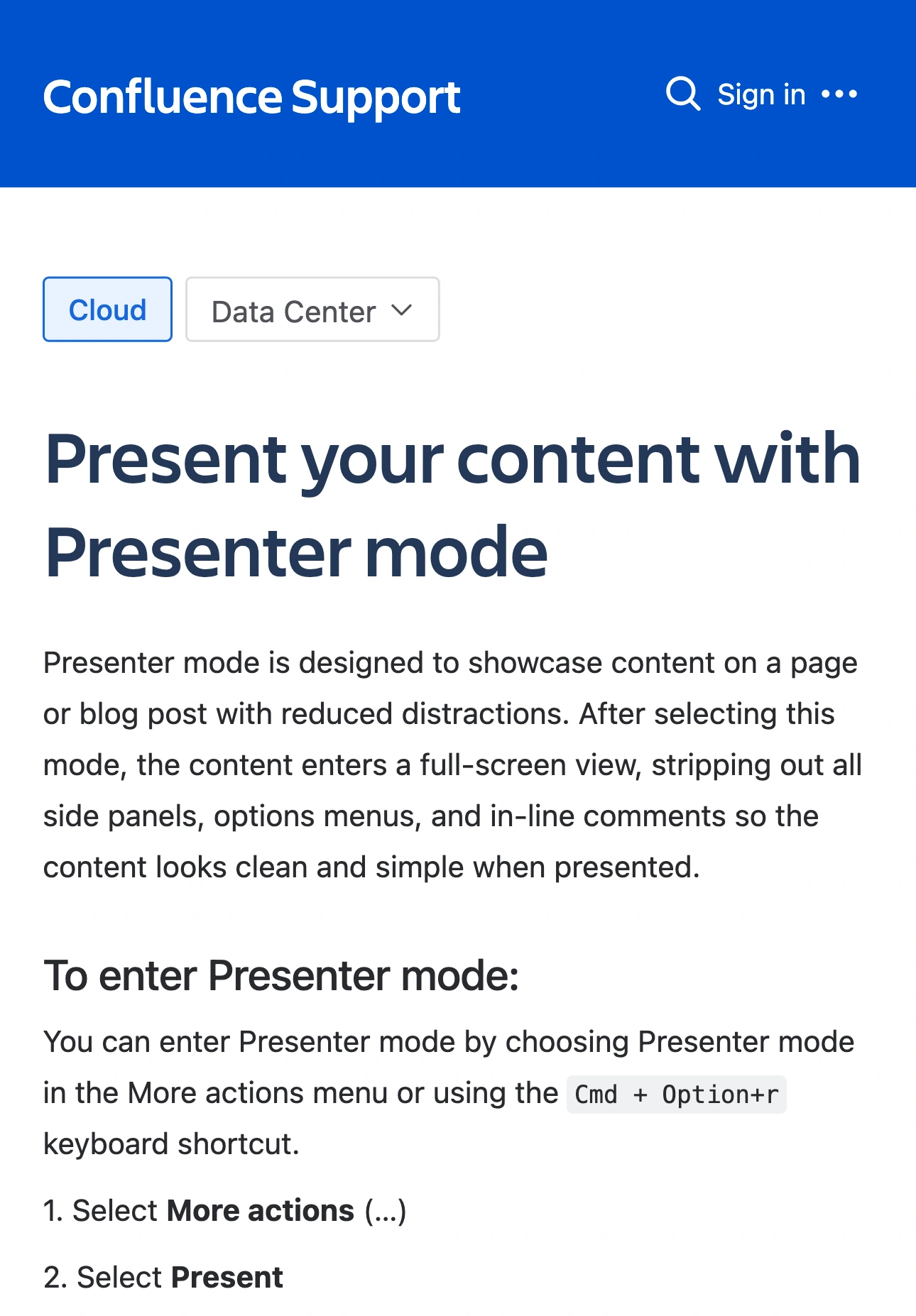 Atlassian’s branded Confluence support page explaining Presenter Mode and the Present command