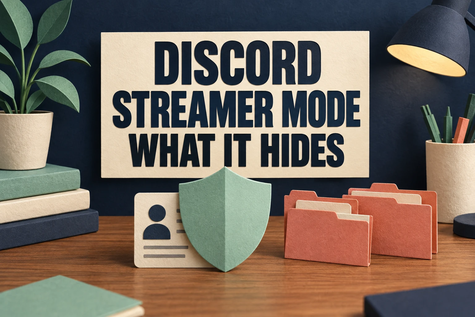 Paper shield over an identity card with exposed folders beside it and large text Discord Streamer Mode What It Hides