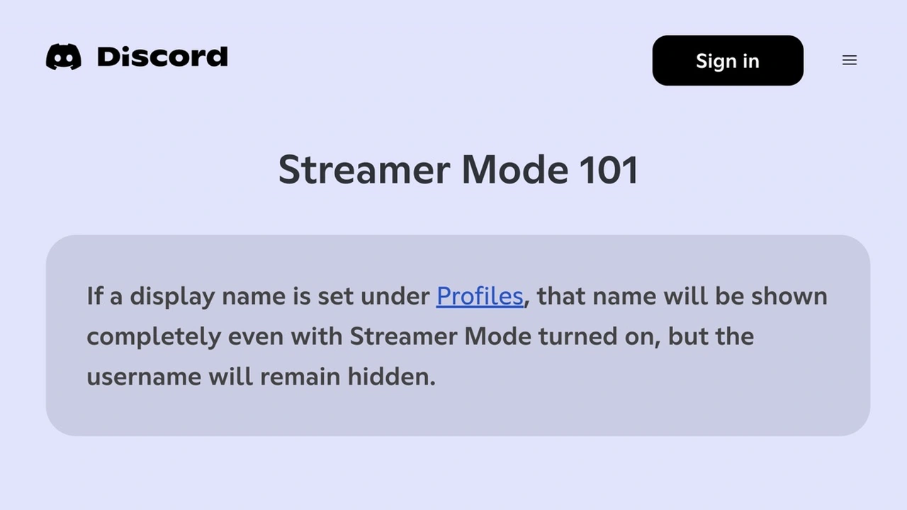 Discord Support’s Streamer Mode article and its warning that a display name remains visible