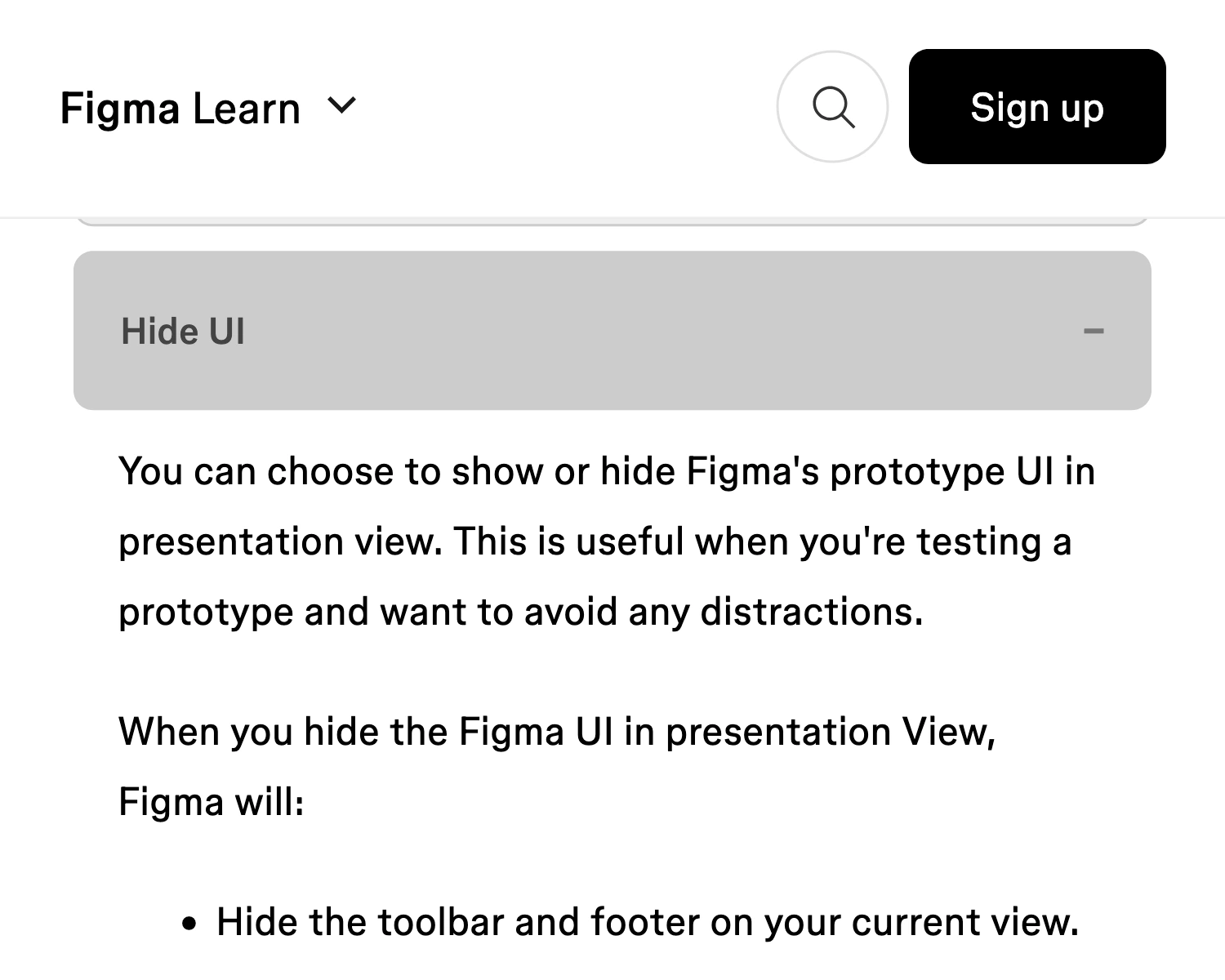 Figma Learn explaining the Hide UI setting and its effects on the prototype toolbar and footer