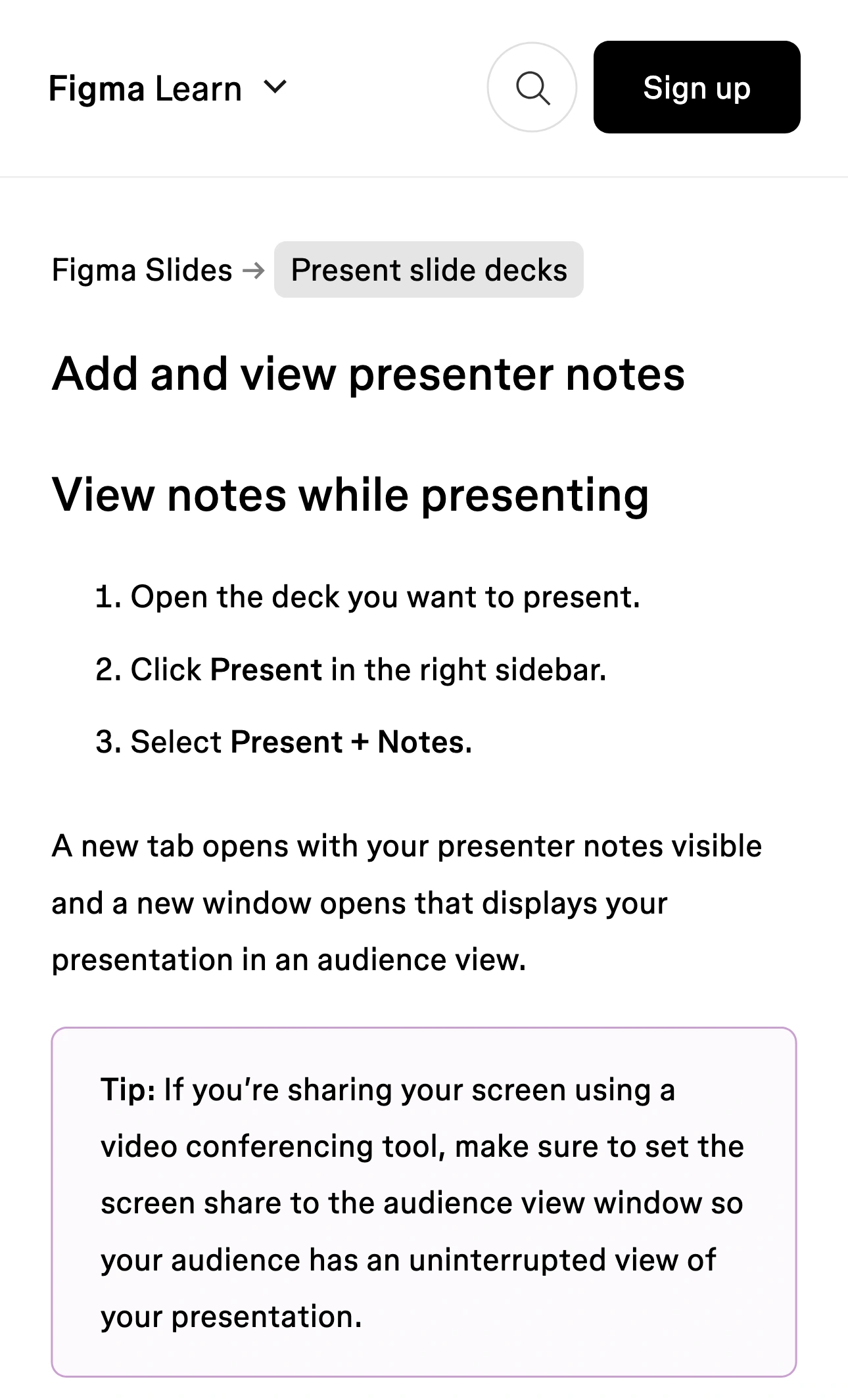 Figma Learn showing Present + Notes and the instruction to share the audience view window