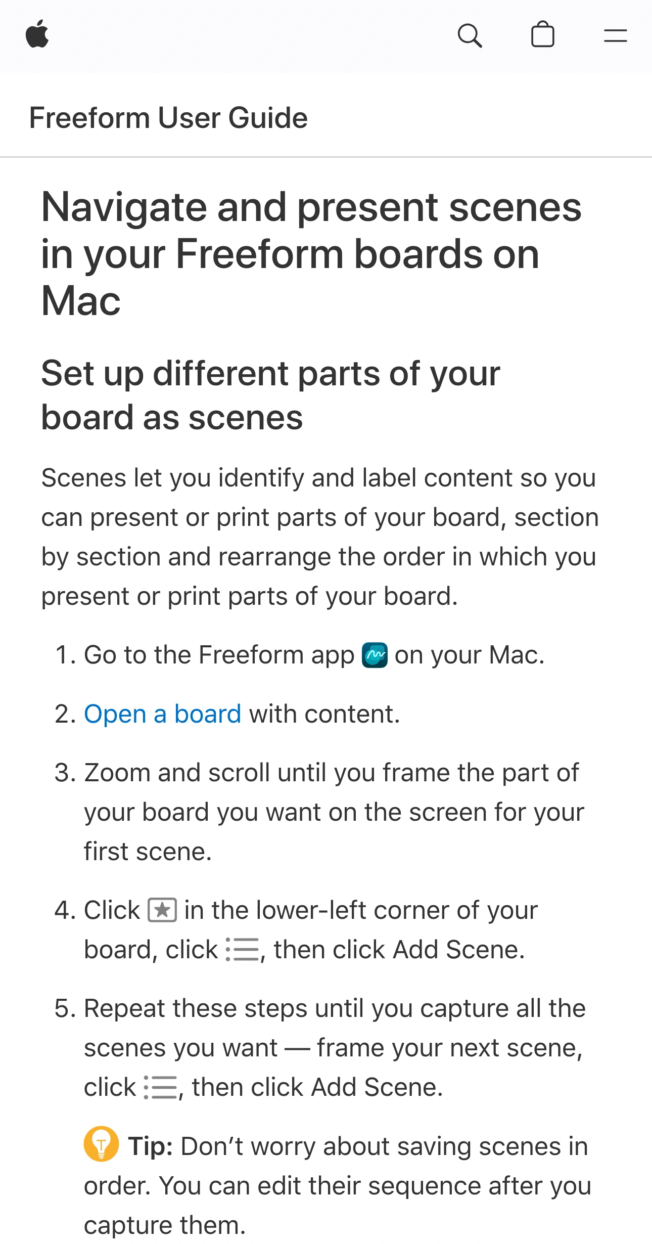 Apple Freeform User Guide showing the steps for framing a board area and adding a scene