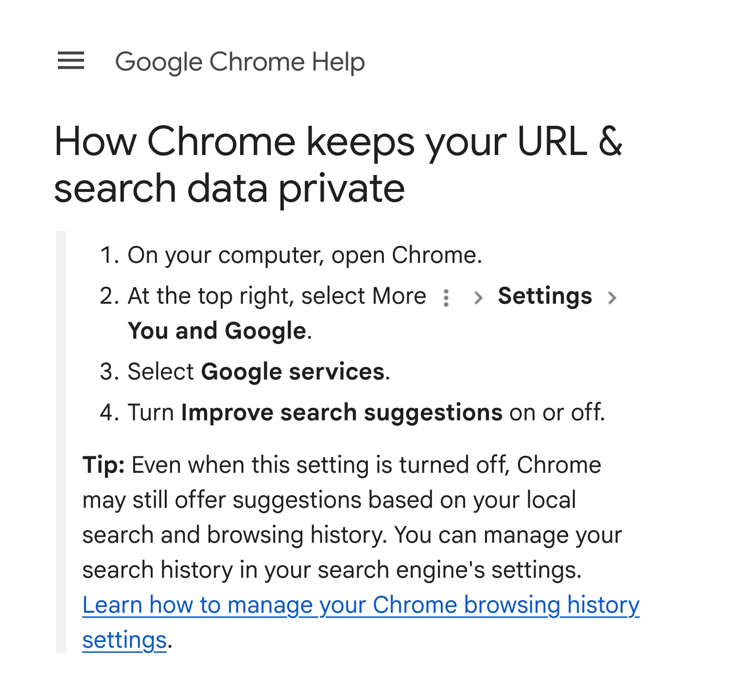 Google Chrome Help showing the search-suggestions setting and its warning that local search and browsing history can still appear