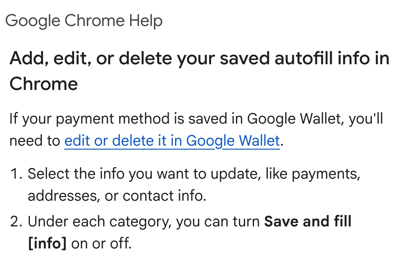 Official Google Chrome Help explaining that Save and fill can be turned off separately under each information category