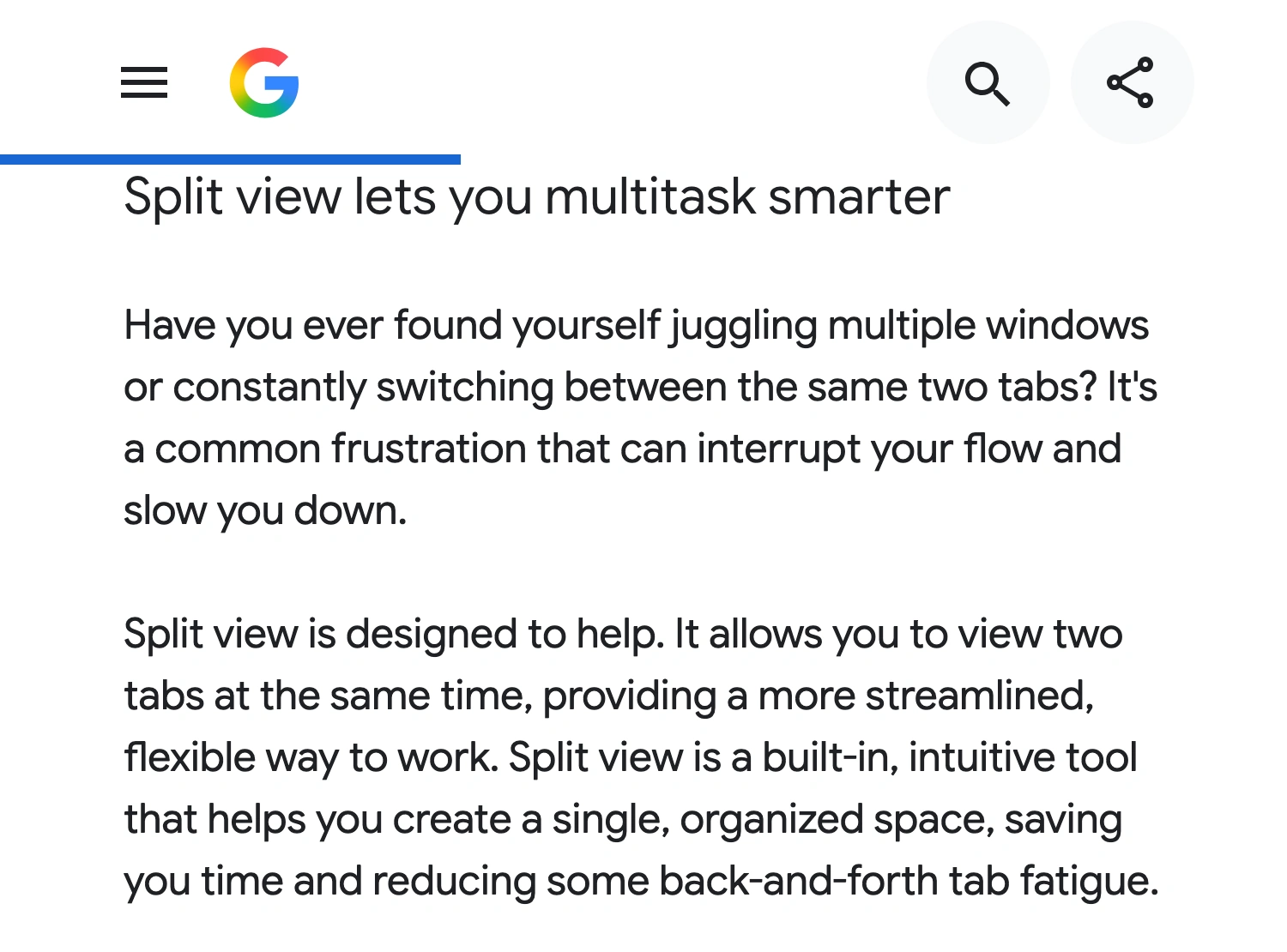 Google’s official Chrome announcement showing its logo and explanation of native Split View