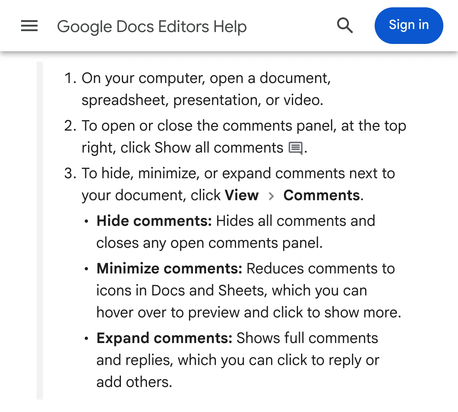 Google Docs Editors Help showing the View Comments menu and the different effects of Hide, Minimize, and Expand