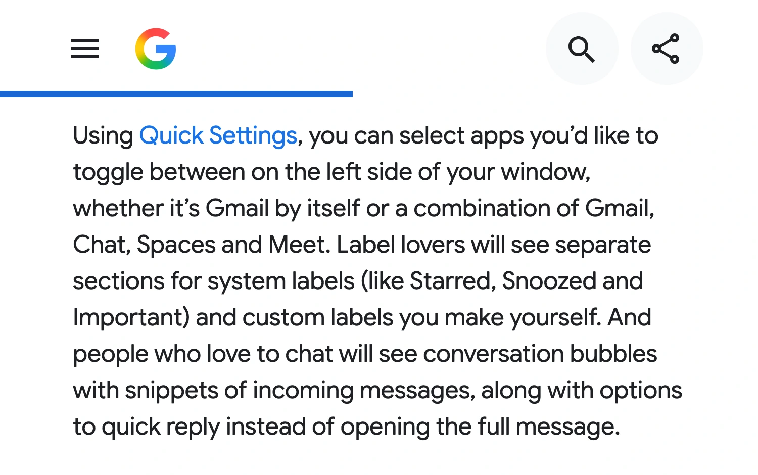 Google’s official Gmail announcement describing app selection, labels, and chat preview bubbles