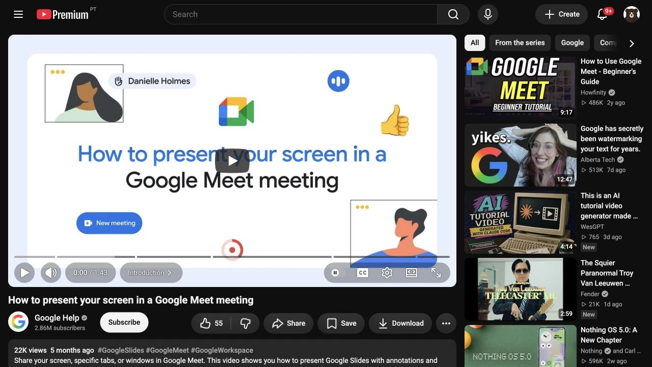 Official Google Help video showing how to present a screen, tab, or window in Google Meet