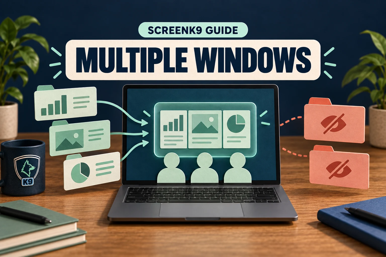 Editorial ScreenK9 guide cover with the readable words Multiple Windows above a laptop combining work apps into one audience view