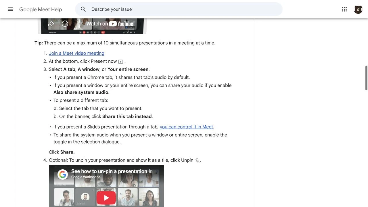 Google Meet Help showing the official A tab, A window, or Your entire screen choices