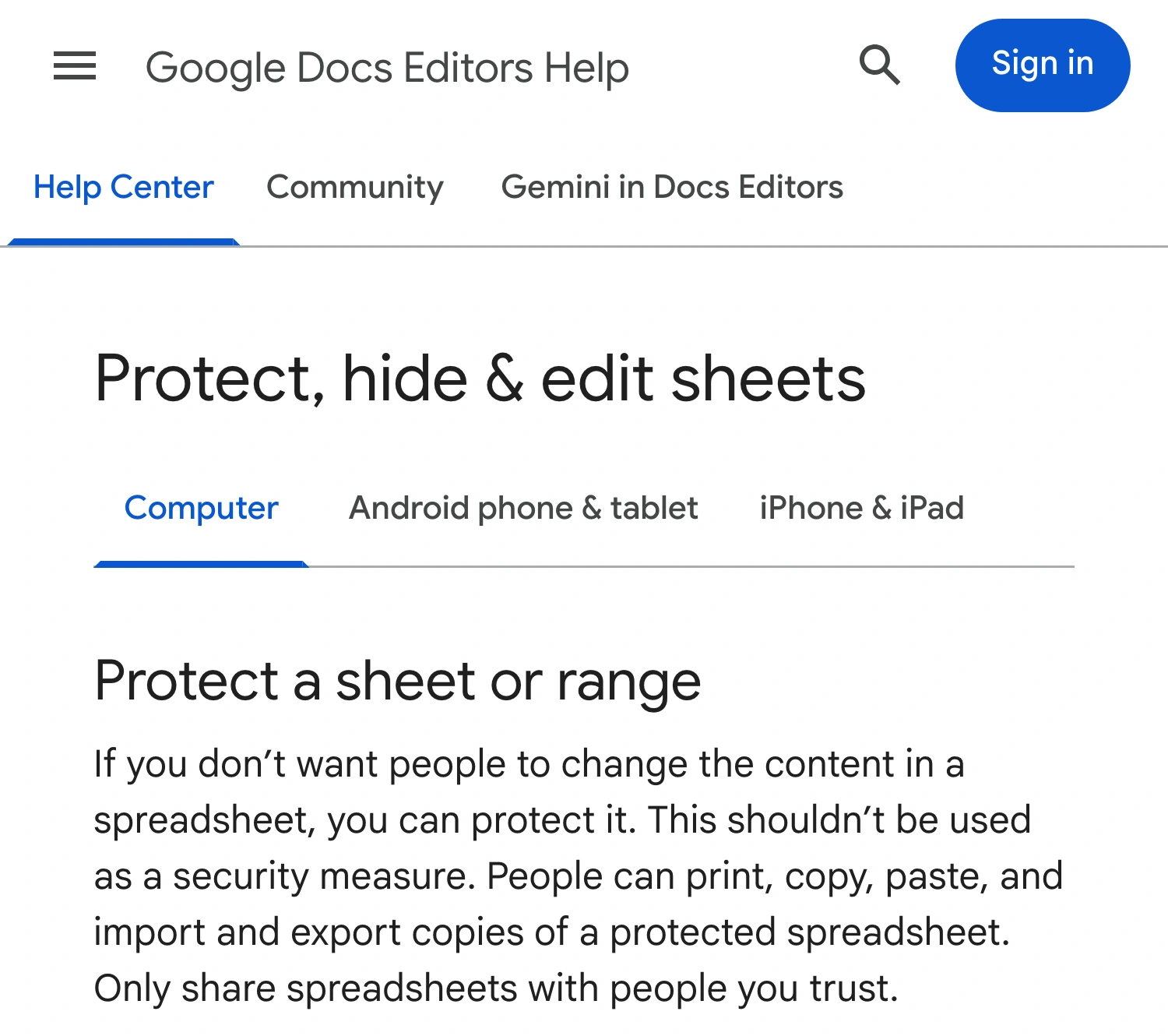 Google Docs Editors Help warning that protected spreadsheets can be copied or exported and should not be treated as a security measure