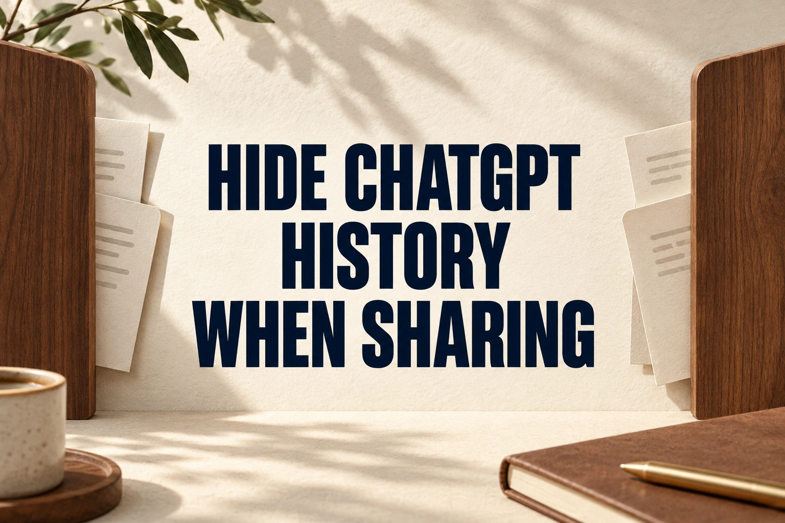 HIDE CHATGPT HISTORY WHEN SHARING in navy lettering on ivory paper between wooden dividers