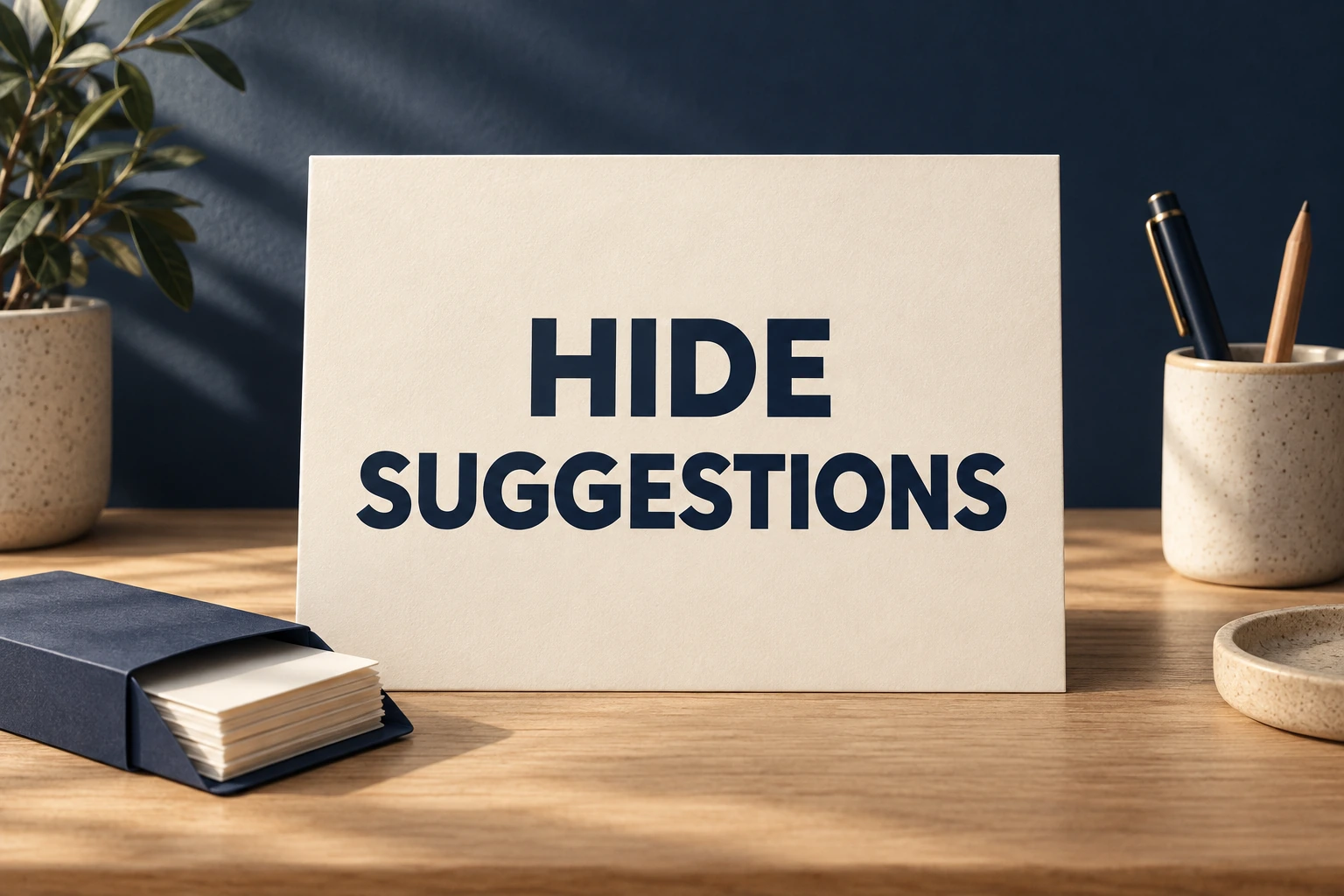 HIDE SUGGESTIONS on an ivory placard beside private paper slips inside a navy sleeve