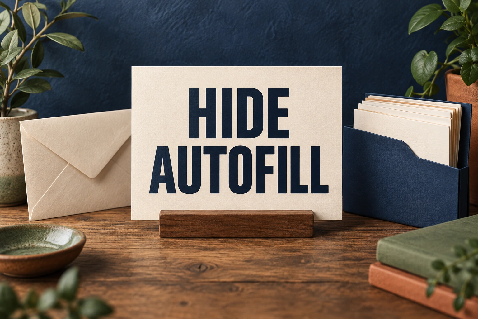 HIDE AUTOFILL on a cream placard beside envelopes and a closed folder