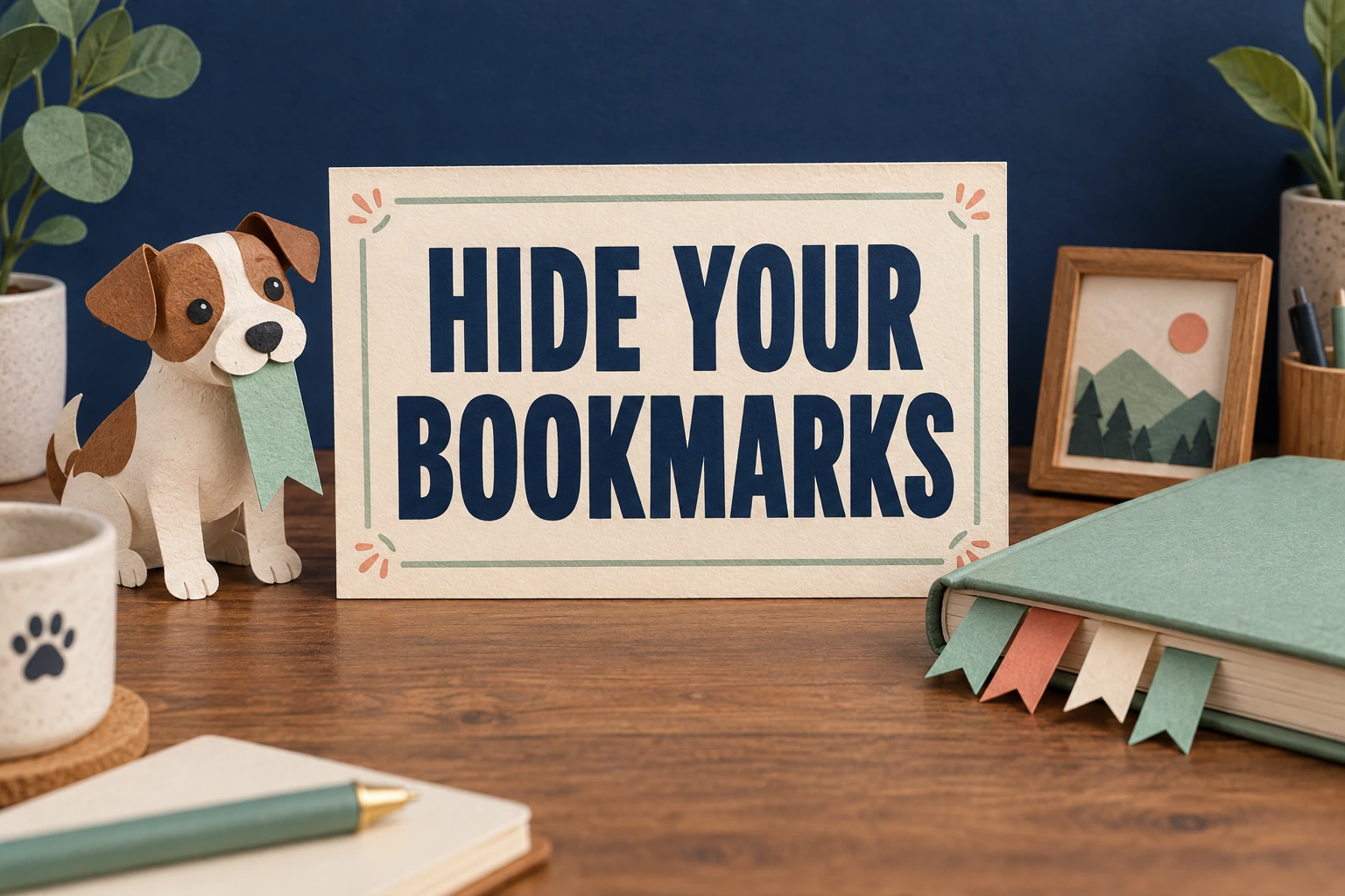 HIDE YOUR BOOKMARKS on a cream sign beside a paper dog, bookmark ribbons and a closed mint notebook