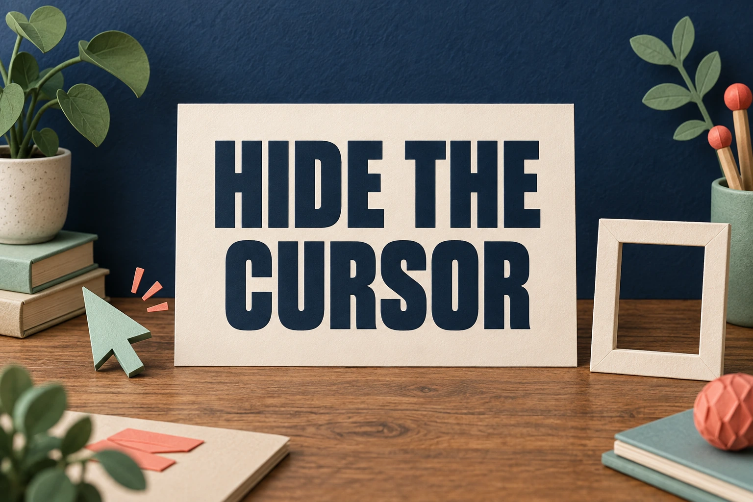 HIDE THE CURSOR on a cream card beside a physical pointer placed outside an empty frame