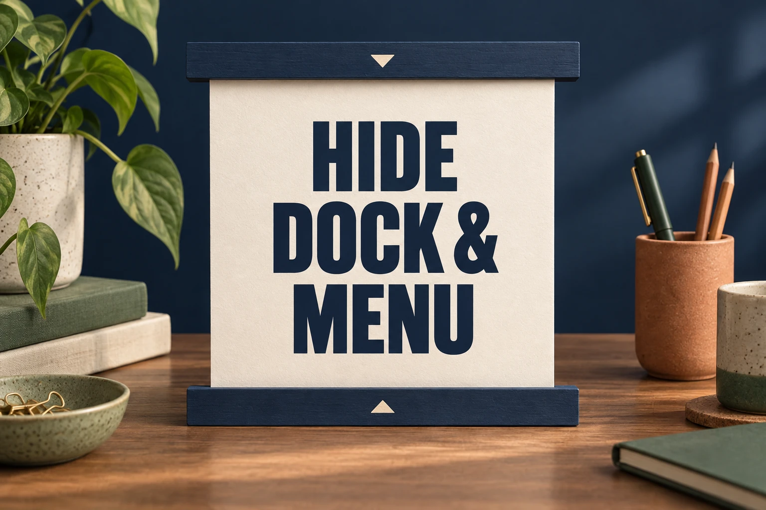 HIDE DOCK AND MENU represented by a cream placard between two navy shutters