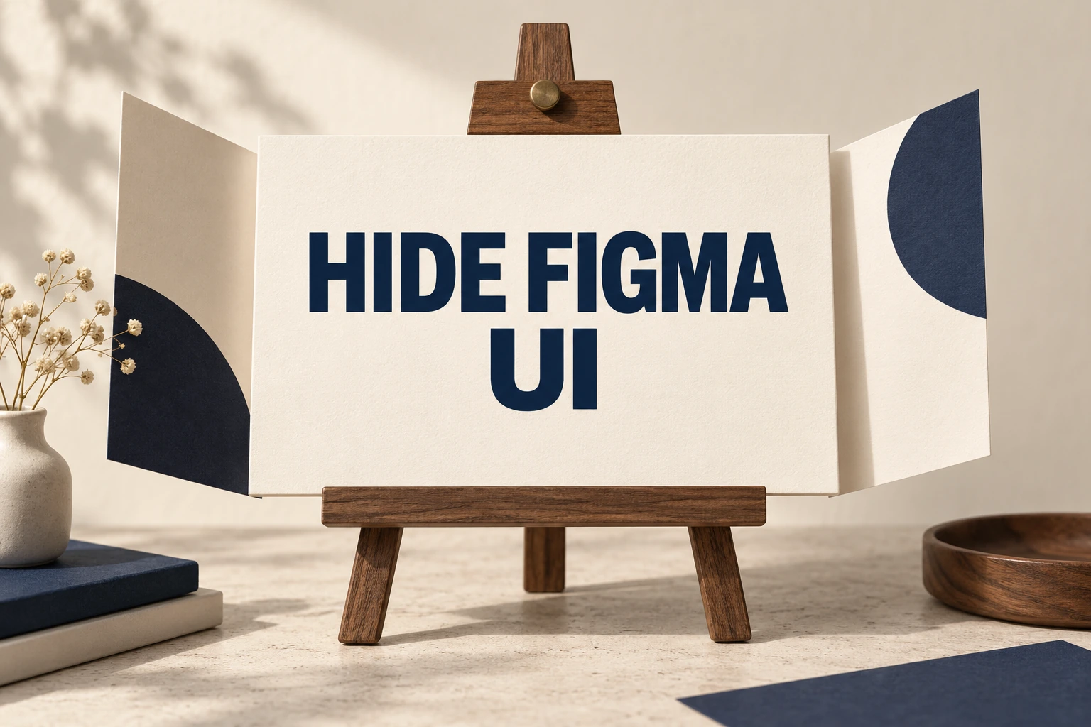 HIDE FIGMA UI on an ivory gallery placard with folded paper wings and a walnut easel