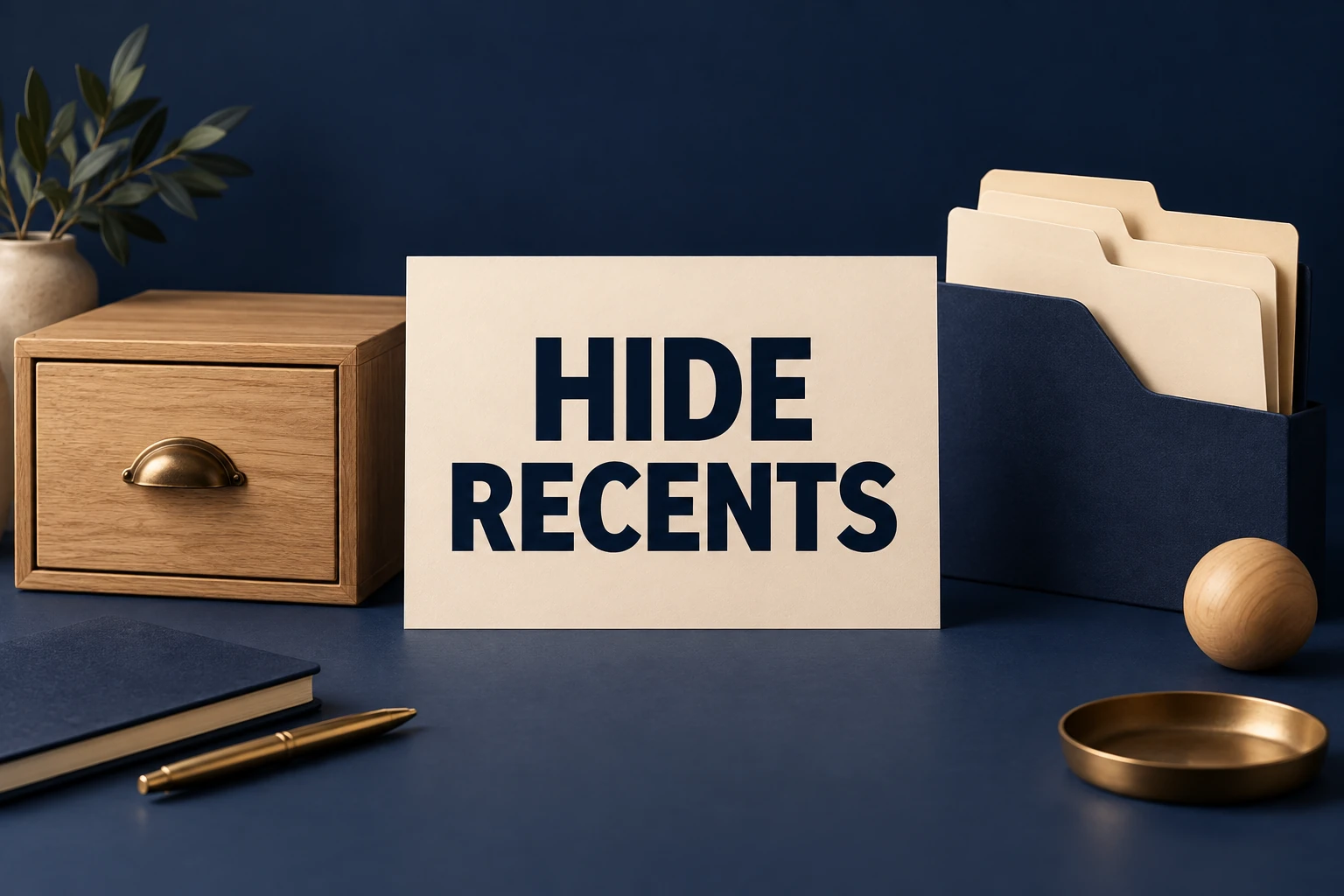 HIDE RECENTS on a cream placard beside wooden storage and paper folders