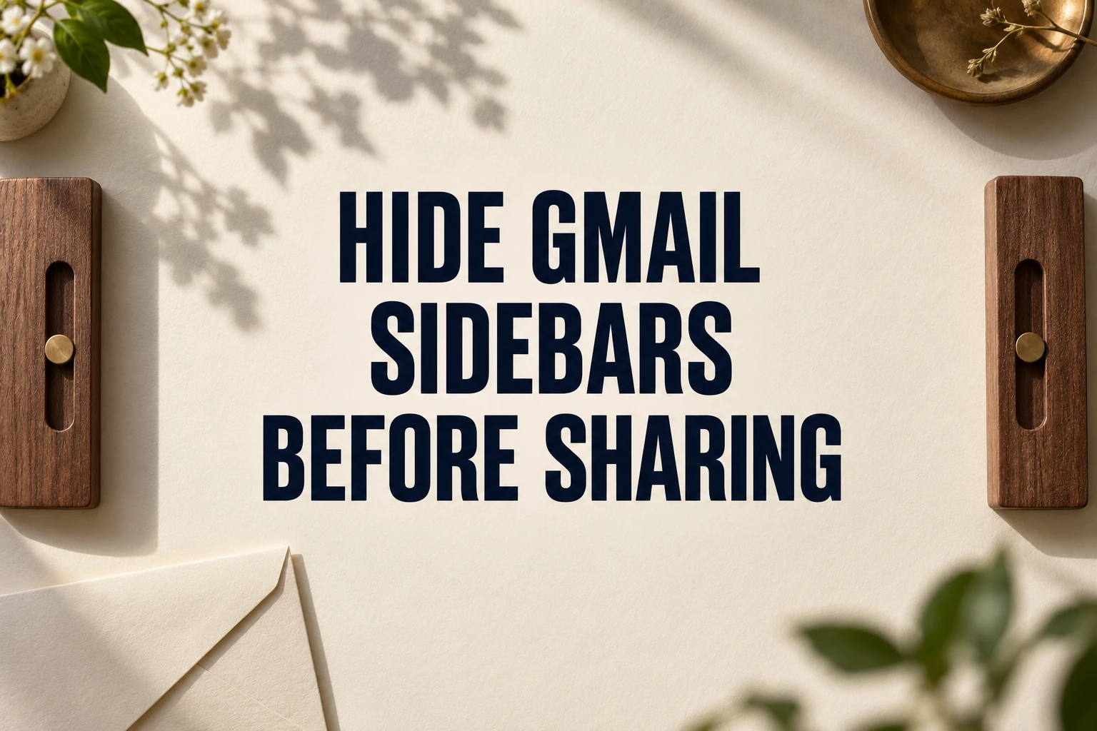 HIDE GMAIL SIDEBARS BEFORE SHARING on ivory paper between wooden dividers