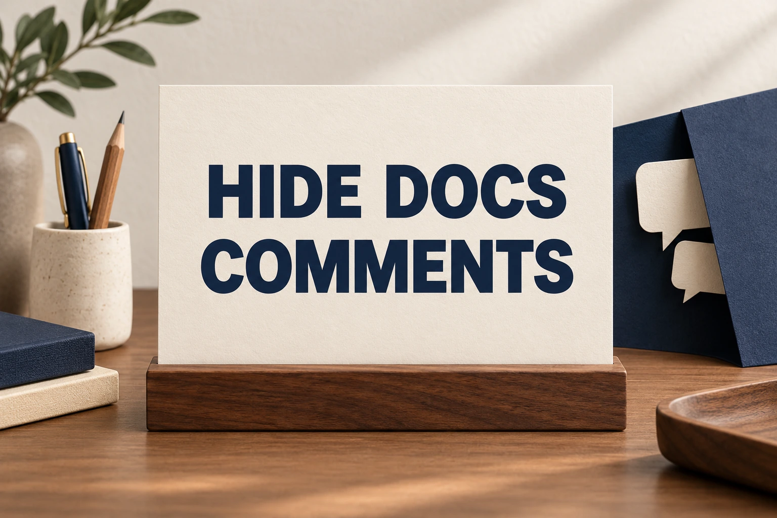HIDE DOCS COMMENTS on an ivory placard beside paper speech bubbles covered by a navy flap