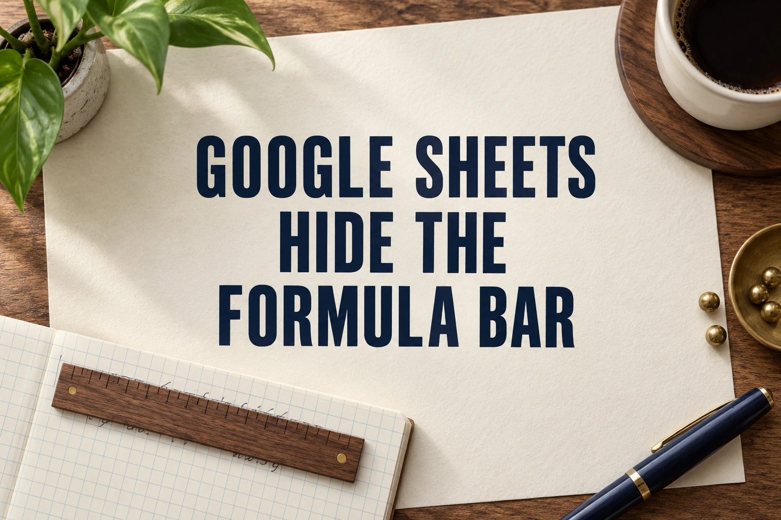 GOOGLE SHEETS HIDE THE FORMULA BAR in navy lettering on ivory paper above a wooden ruler