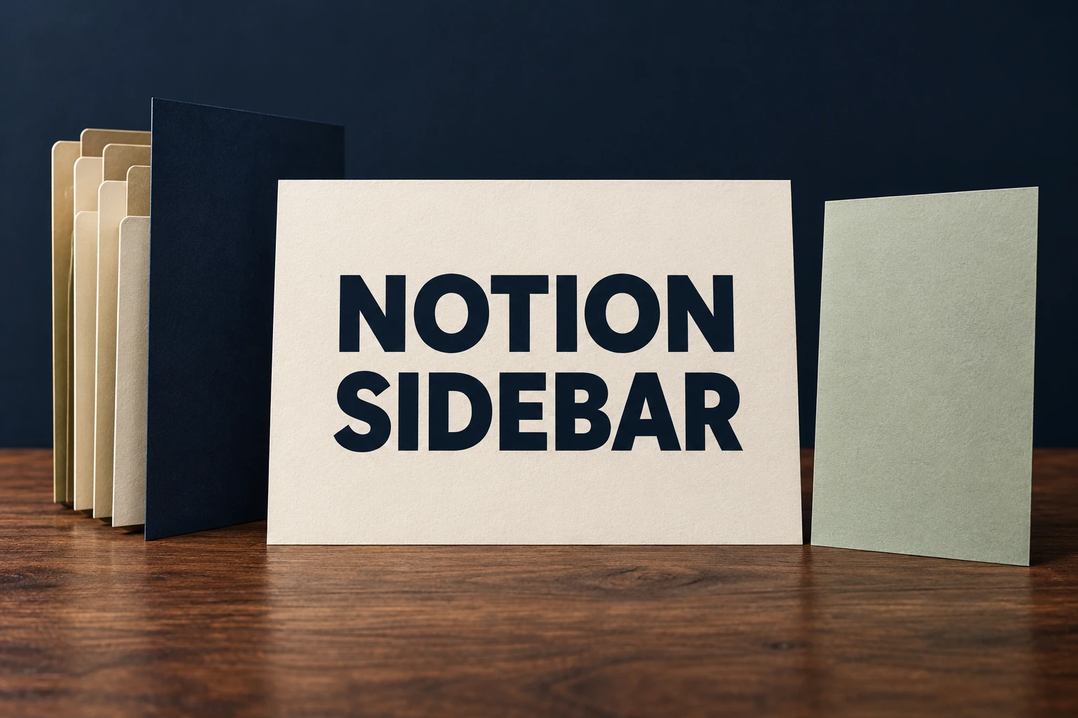 NOTION SIDEBAR on an ivory placard beside an accordion folder concealed behind a navy card