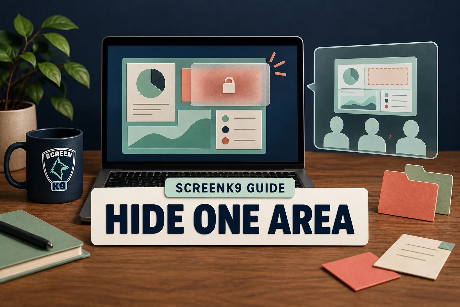 Editorial ScreenK9 guide cover with the readable words Hide One Area beside a laptop and a fixed privacy card