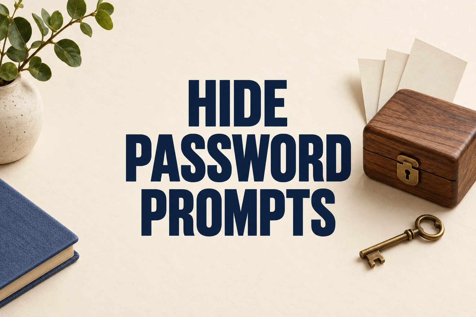 HIDE PASSWORD PROMPTS on an ivory placard beside a closed wooden box and key