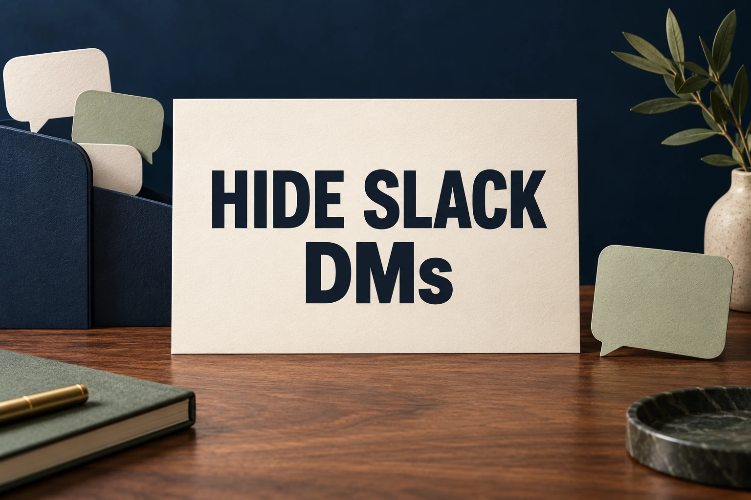 HIDE SLACK DMs on an ivory placard, with paper conversation bubbles behind a navy divider