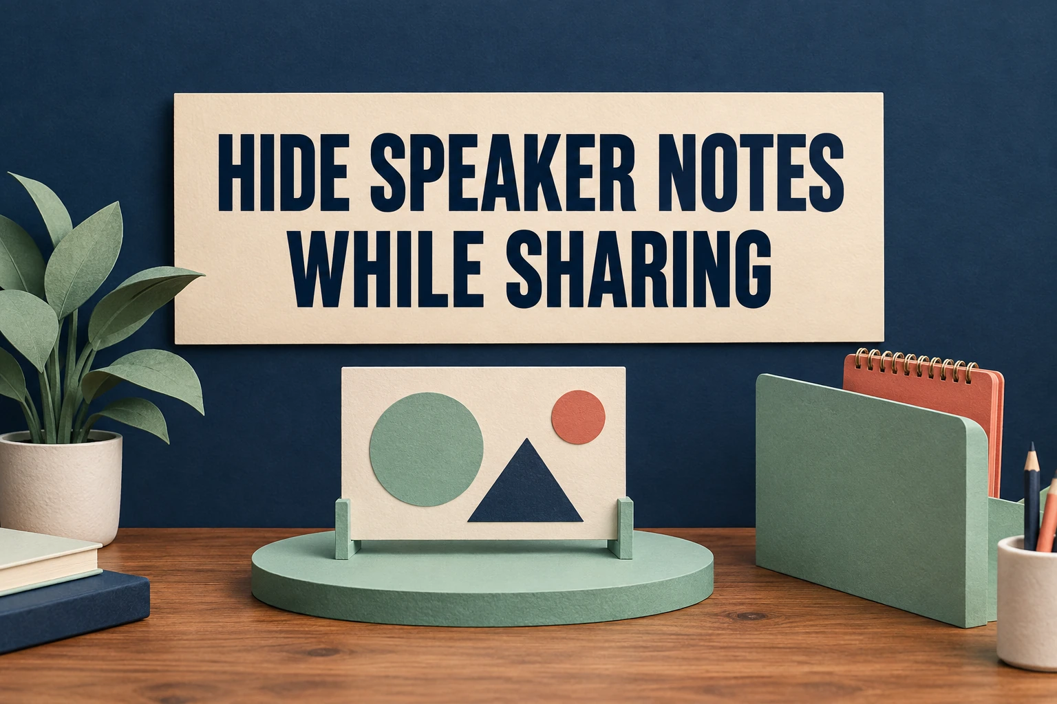 A paper notebook behind a privacy partition beside a small stage with large text Hide Speaker Notes While Sharing
