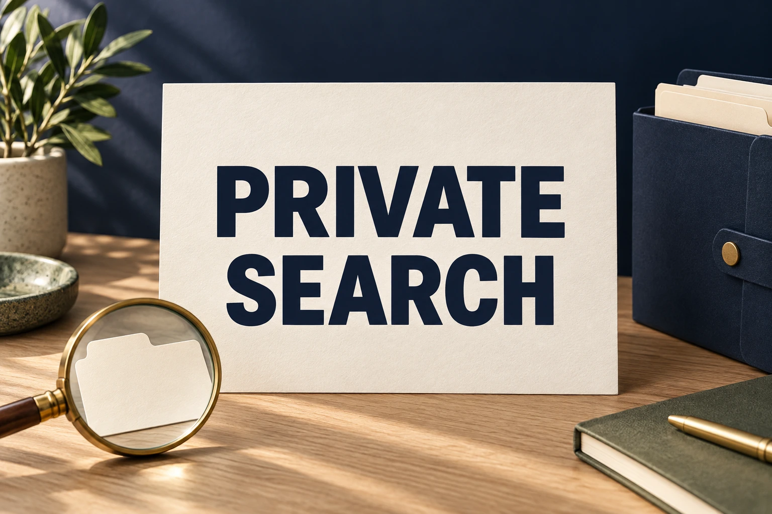 PRIVATE SEARCH on an ivory placard beside a magnifying glass and a closed navy folder